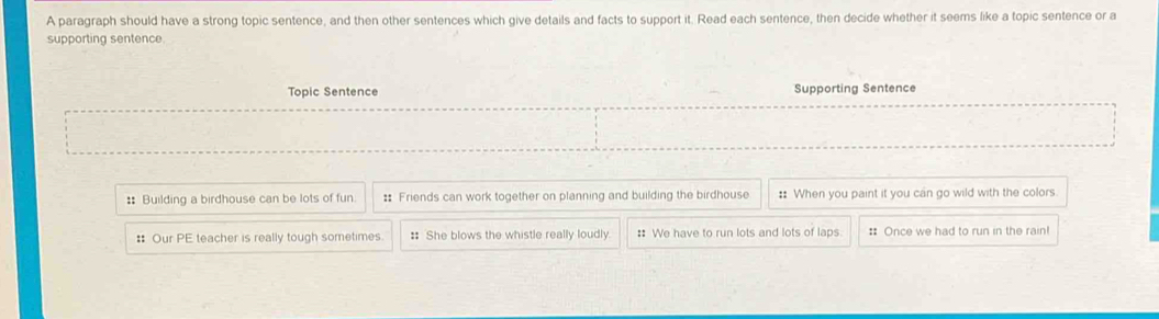 A paragraph should have a strong topic sentence, and then other sentences which give details and facts to support it. Read each sentence, then decide whether it seems like a topic sentence or a
supporting sentence.
Topic Sentence Supporting Sentence
: Building a birdhouse can be lots of fun. : Friends can work together on planning and building the birdhouse :: When you paint it you can go wild with the colors
: Our PE teacher is really tough sometimes : She blows the whistle really loudly. : We have to run lots and lots of laps :: Once we had to run in the rain!