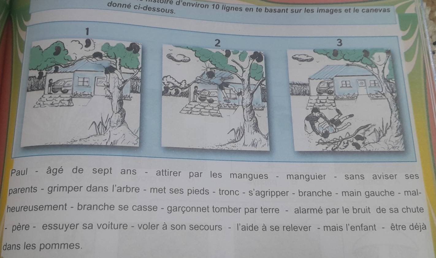 re d'environ 10 lignes en te basant sur les images et le canevas 
donné ci-dessous. 
Paul - âgé de sept ans - attirer par les mangues - manguier - sans aviser ses 
parents - grimper dans l'arbre - met ses pieds - tronc - s'agripper - branche - main gauche - mal- 
heureusement - branche se casse - garçonnet tomber par terre - alarmé par le bruit de sa chute 
- père - essuyer sa voiture - voler à son secours - l'aide à se relever - mais l'enfant - être déjà 
dans les pommes.