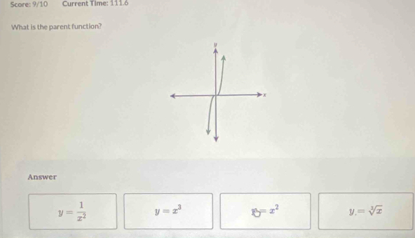 Score: 9/10 Current Time: 111.6
What is the parent function?
Answer
y= 1/x^2  y=x^3 y=x^2 y=sqrt[3](x)