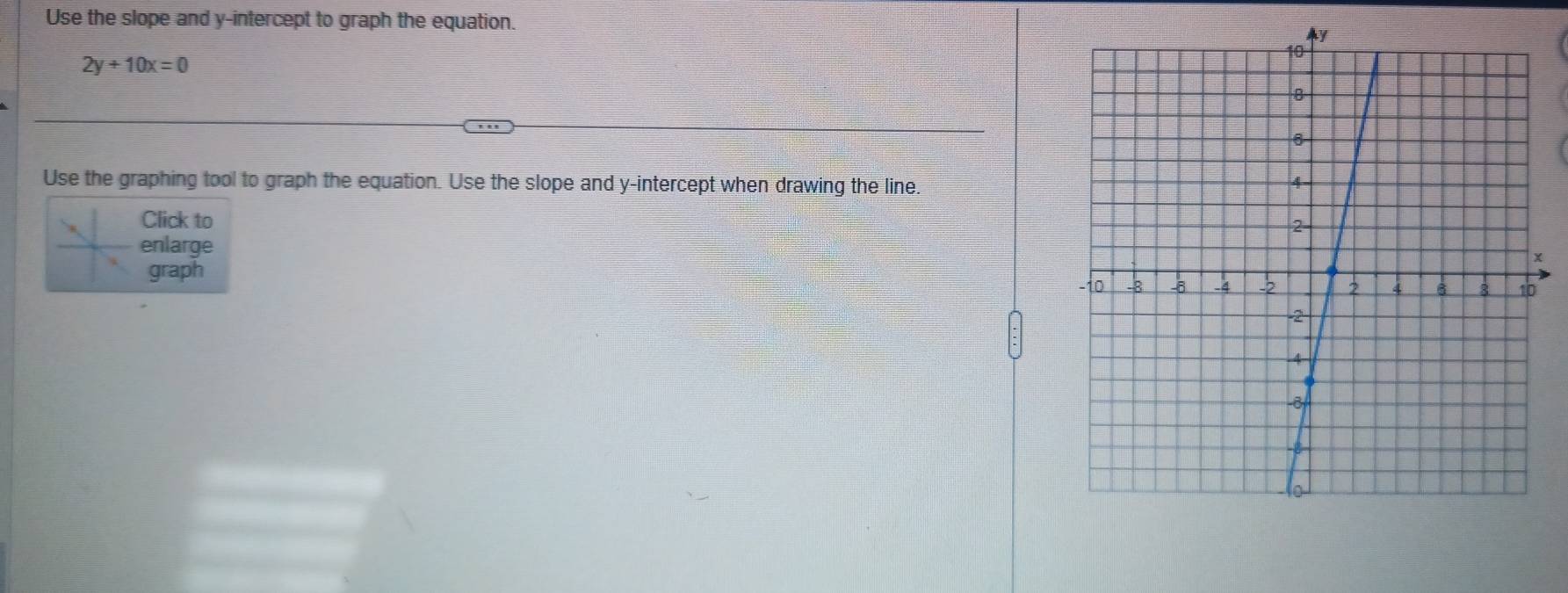 Use the slope and y-intercept to graph the equation.
2y+10x=0
Use the graphing tool to graph the equation. Use the slope and y-intercept when drawing the line. 
Click to 
enlarge 
graph