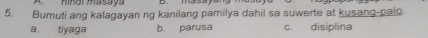 A hìngi ma Gv
5. Bumuti ang kalagayan ng kanilang pamilya dahil sa suwerte at kusang-palo
a. tiyaga b. parusa c. disiplina