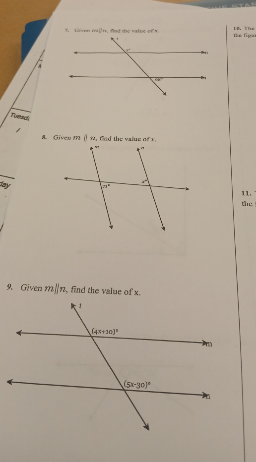 Given mparallel n , find the value of x. 10. The
the figu
A
Tuesdı
1
8. Given mparallel n
day11.
the 
9. Given m||n , find the value of x.