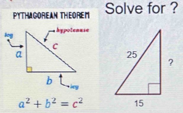 PYTHaGOREAN THEOREM Solve for ?
a^2+b^2=c^2