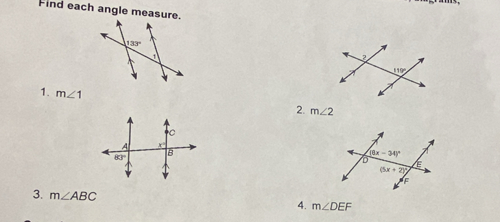 5,
Find each angle measure.
1. m∠ 1
2. m∠ 2
3. m∠ ABC
4. m∠ DEF