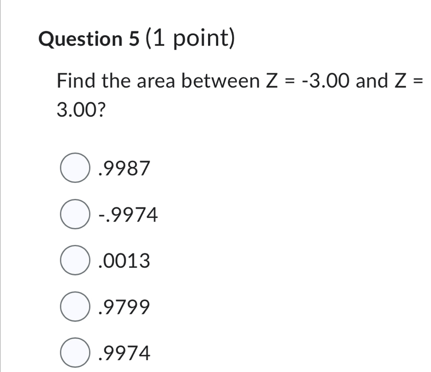 Find the area between Z=-3.00 and Z=
3.00?. 9987
-.9974 . 0013 . 9799 . 9974