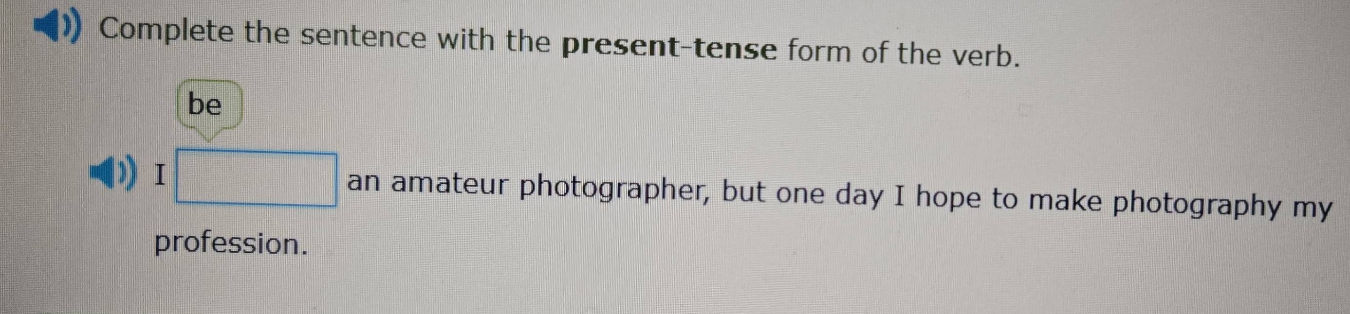 Complete the sentence with the present-tense form of the verb. 
be 
D I □ an amateur photographer, but one day I hope to make photography my 
profession.