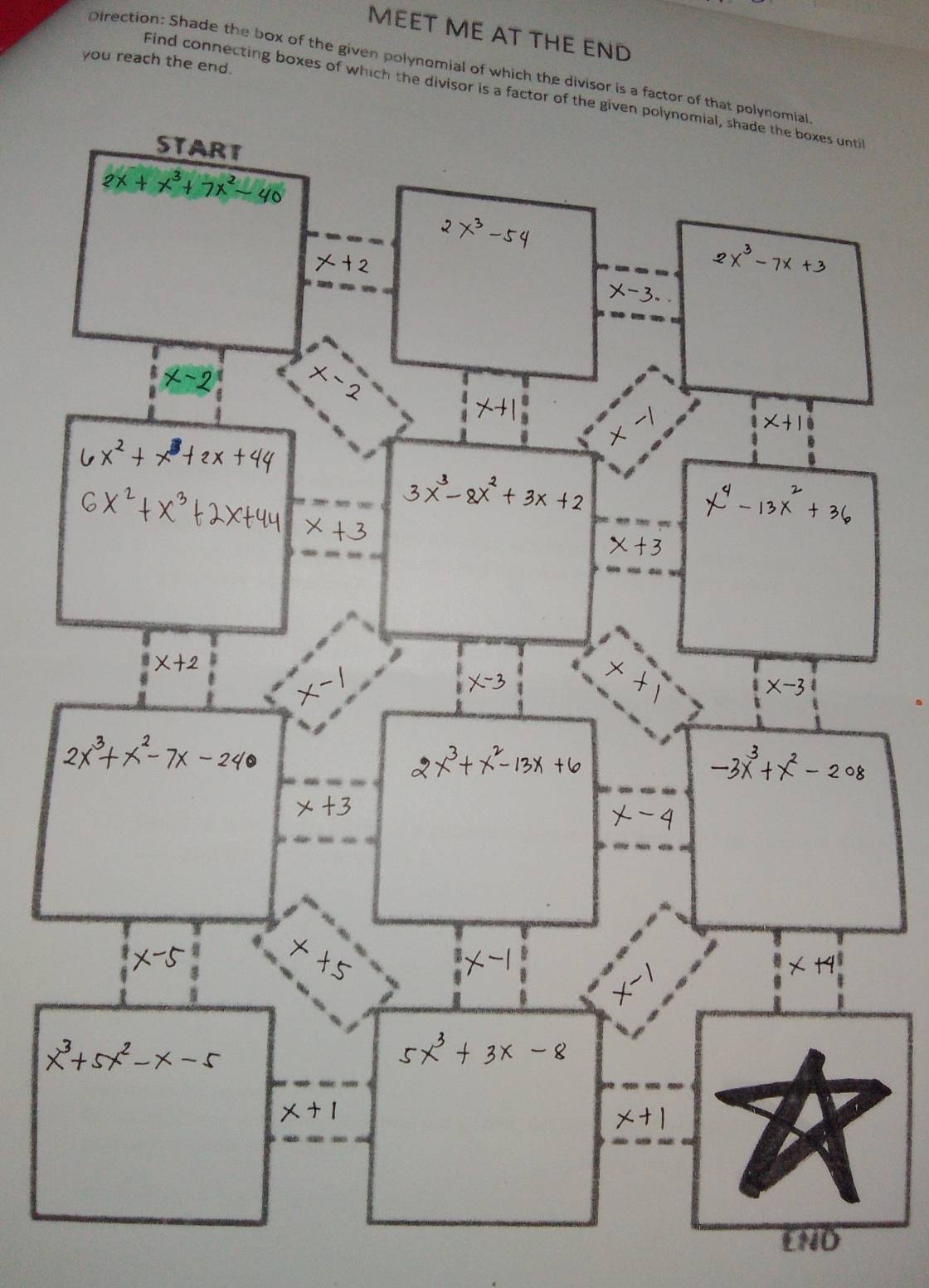 MEET ME AT THE END
you reach the end.
Direction: Shade the box of the given polynomial of which the divisor is a factor 
Find connecting boxes of which the divisor is a factor of the given polynomial, shade the boxes until
END