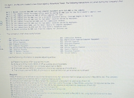 month. On Aprtl 1, Jiro Nozomi created a new travel agency, Adventure Travel. The following transactions occurred during the company's first
April 1 Nozomi inveited $40,000 cash and computer eqalpment worth $25,000 in the company.
April 3 the company rented furnished office space by paying $2,900 cash for the first month's (Apr12) rent.
April 4 The company purchaned $1,900 of o4fice sapplles for cash.
April 10 The company gald $2,000 cash for a 12-morth insurance pulicy. Coverago begins on April S1.
April 14 The compary pasc $1,166 cash for two weeks' Salaries earned by enployeds.
Merll 24 The company collected $12,000 cave for commissiors revanae.
35 April 28. The company gaid $1 100 case for two wooks' salaries careed by employees
Maril 19 The compary paio $406 cash for minor regairs to computer equipment
April 32 "me company pald $1,050 canh tue this morth's telephose bill.
April 36 Noioea wiledrew 55,900 cash from the company for personal use.
The company's chart of accours follows:
401 Cummissions Reverae  612: Dépretiation Expense-Computer Euuigment
t CasH 106 Accou//LS  Rece L e ab La
Làà Dfice Supplies  147   C o m oute Co u r r 128 Prepeió Ersarance 612 Salarbes Expense G37 Iniamaace Experce
168 Accomaïated Déprétiation-Comuter Equipment A0 Rat Eepense d Repeãrs Experos =5e Cétise Sépplies Expess=
GB Teleptore Experse
200  Salaries Fayaele 32L 7. Nabani, Capilal b0 3. Nodoma Hitherawals
Use the fo lowing information to precare adlusting entrles:
a: Prepard msurance of $tt expired this month
b. At the end of the momh, $500 of office suppiles are still avellable
c. Tiris morth's depreciation on computer equioment is $400.
d. Employees eamed $550 of umpeld and unrecorded selaries as of month end
e. The compery eamed $1,850 of commissions revenue that is not yet recorded at morth-end
Required
1 & 2. Prepare ournal eres to record the pransactions for April and post them to ledger ecodunts in Red 68 GL tab. The companty
3 Using accsunt paances from Requlrement Go. propere an unapjusted tral palance as of Aprt 30
4. Joumarze the ad using emiles for the month, and then post to the letiger on Req 68 teb, Using Aprt 30 Adjusted as the date
Sa. Using adjuited eccourt be e tces from Reo 6B-GL tab, prepare as edjusted trial belence as of Aprl 30
Sh Prepere the nsome smement for the morth of Apri3
Bo. Prepere the somement of owner's eouity for the morh of Aprt 30
Sd. Prepare the belence sheet et Ap l 30
6a. Prepare journal entries to close the tamb4ary escounts and then post to Reo GB GL tab, Lsing Apr 30 Close of tie date
66. Post the joural emes to the edgen
Prapa e a poss clestng trisl prisnce