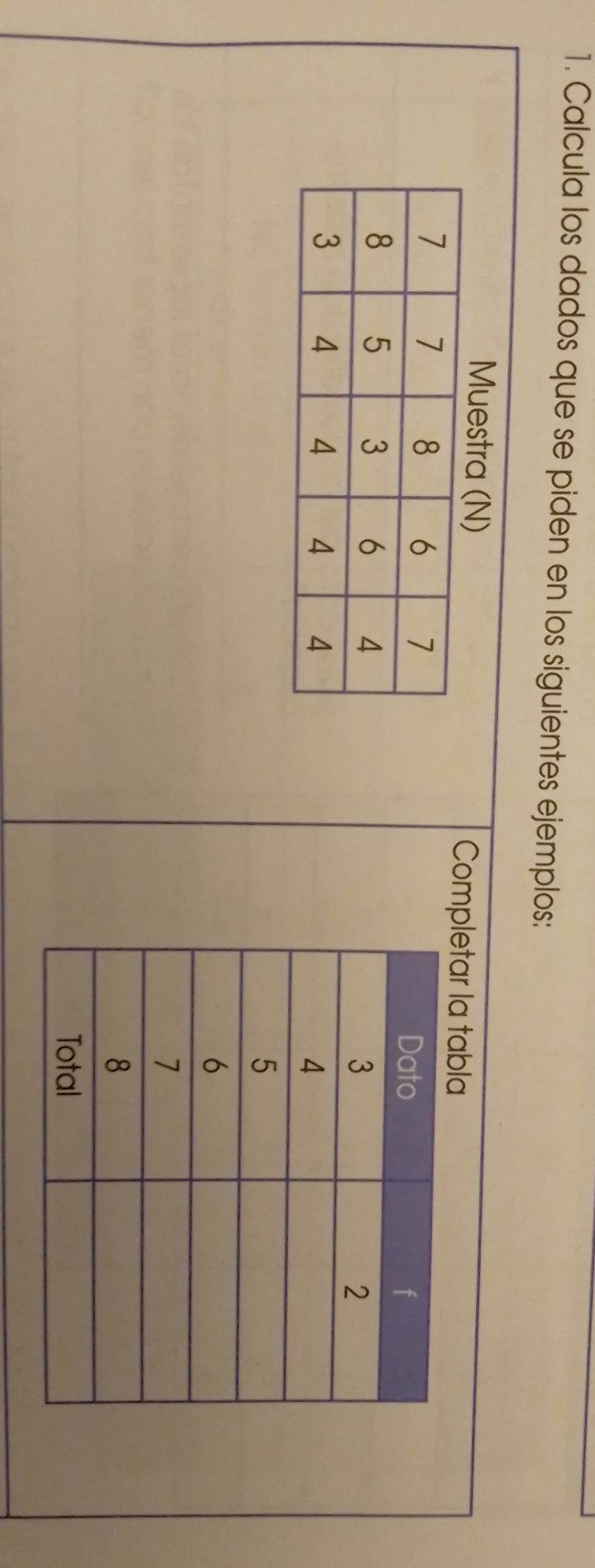 Calcula los dados que se piden en los siguientes ejemplos: 
Muestra (N) 
Completar la tabla