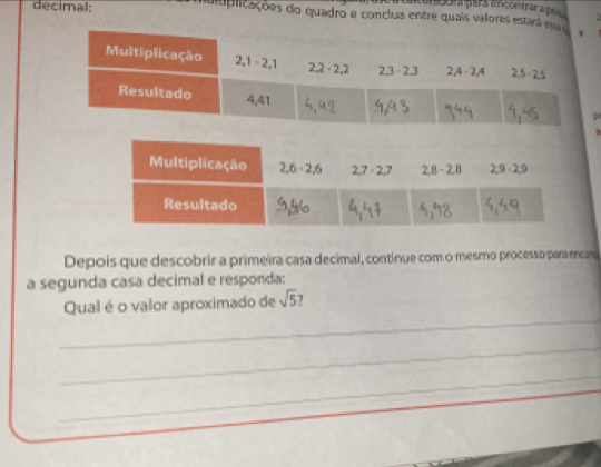 maccna pars ancontrar a pém   
decimal: duplicações do quadro e conclus entre quais valores estará es
Depois que descobrir a primeira casa decimal, continue com o mesmo processo para encan
a segunda casa decimal e responda:
_
Qual é o valor aproximado de sqrt(5) 1
_
_