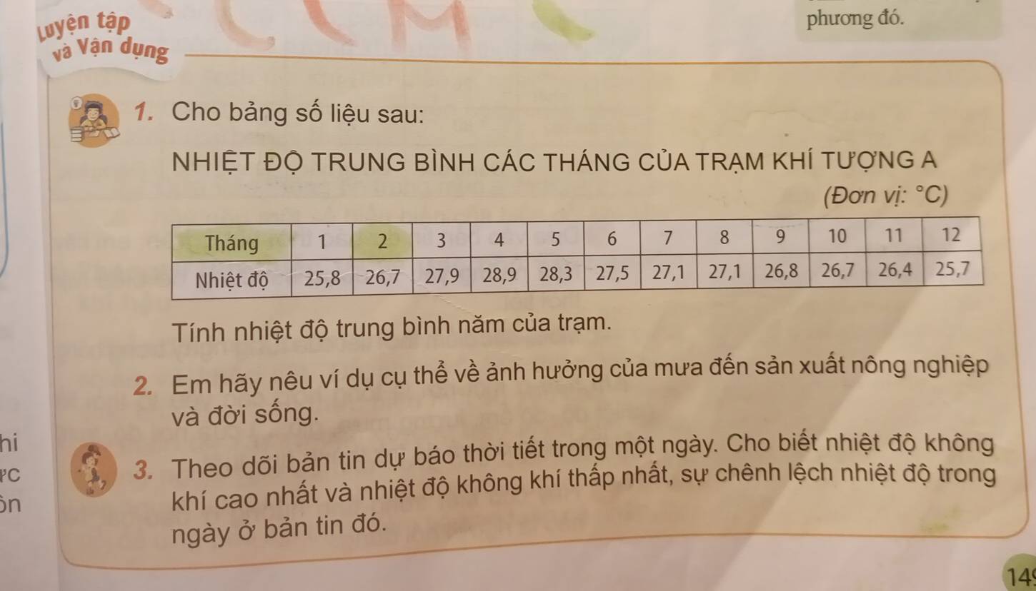 Luyện tập 
phương đó. 
và Vận dụng 
1. Cho bảng số liệu sau: 
NHIỆT ĐỌ TRUNG BÌNH CÁC THÁNG CủA TRẠM KHÍ TượNG A 
(Đơn vị: ^circ C) 
Tính nhiệt độ trung bình năm của trạm. 
2. Em hãy nêu ví dụ cụ thể về ảnh hưởng của mưa đến sản xuất nông nghiệp 
và đời sống. 
hi 
C 
3. Theo dõi bản tin dự báo thời tiết trong một ngày. Cho biết nhiệt độ không 
n 
khí cao nhất và nhiệt độ không khí thấp nhất, sự chênh lệch nhiệt độ trong 
ngày ở bản tin đó. 
14