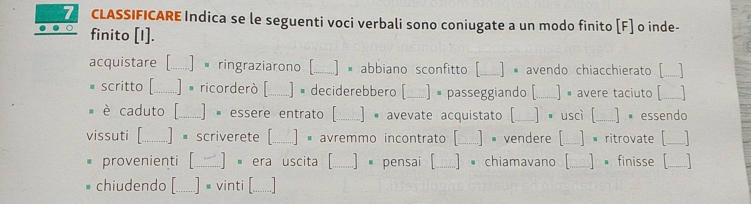 CLASSIFICARE Indica se le seguenti voci verbali sono coniugate a un modo finito [F] o inde- 
finito [I]. 
acquistare [._ ] ringraziarono [_ .] # abbiano sconfitto [.... ..] ] avendo chiacchierato [....] 
scritto [._ ] ricorderò [_ .] = deciderebbero (..........] = passeggiando [.._......] = avere tacinuto _......... 
è caduto [_ ] essere entrato [... ..] · avevate acquistato [......... uscì [.........] ■ essendo 
vissuti [_ ] scriverete [_..... ..] ] avremmo incontrato [..._ _..]] vendere [_..] , ritrovate [____.._. 
provenienti [_ [] ■ era uscita [........... pensai [..... .....] chiamavano [.........] finisse [...... ] 
chiudendo [_ ] É vinti [._