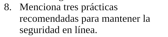 Menciona tres prácticas 
recomendadas para mantener la 
seguridad en línea.