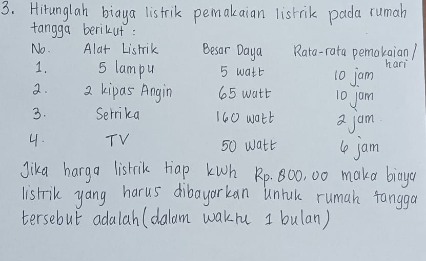 Telah dijawab:Hirunglah biaya listrik pemakaian lisrik pada rumah ...