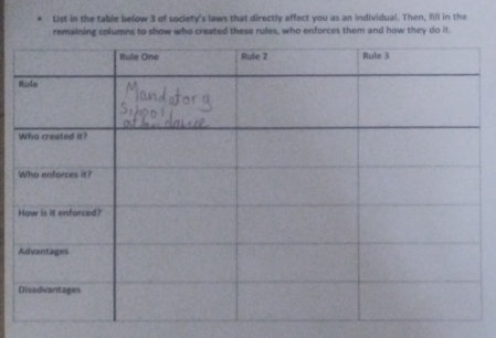 List in the table below 3 of society's laws that directly affect you as an individual. Then, fill in the 
remaining columns to show who created these rules, who enforces them and how they do it.