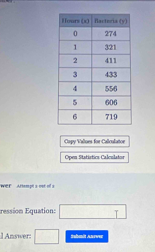 Copy Values for Calculator 
Open Statistics Calculator 
wer Attempt 2 out of 2 
ression Equation: □ 
l Answer: □ Submit Answer