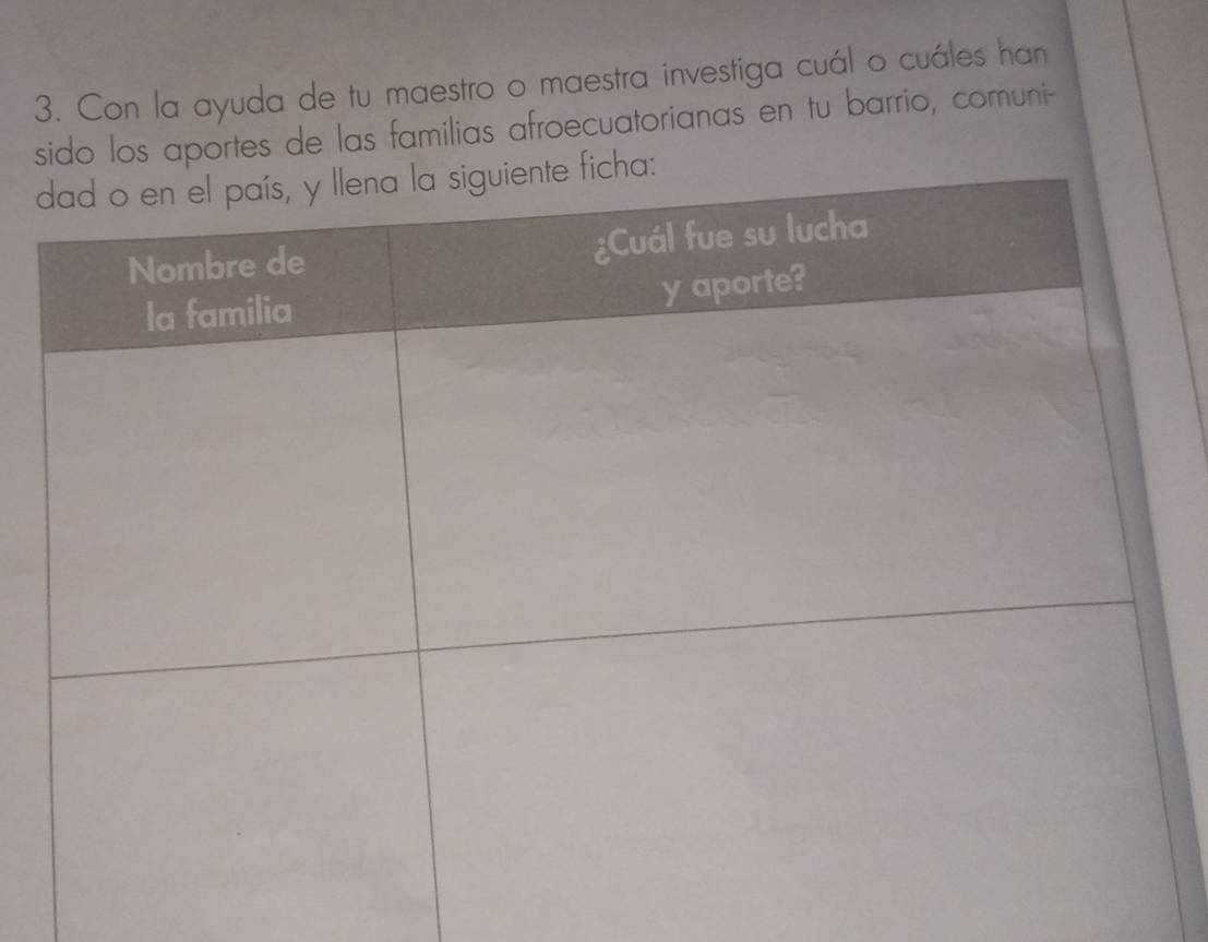 Con la ayuda de tu maestro o maestra investiga cuál o cuáles han 
sido los aportes de las familias afroecuatorianas en tu barrio, comuni-