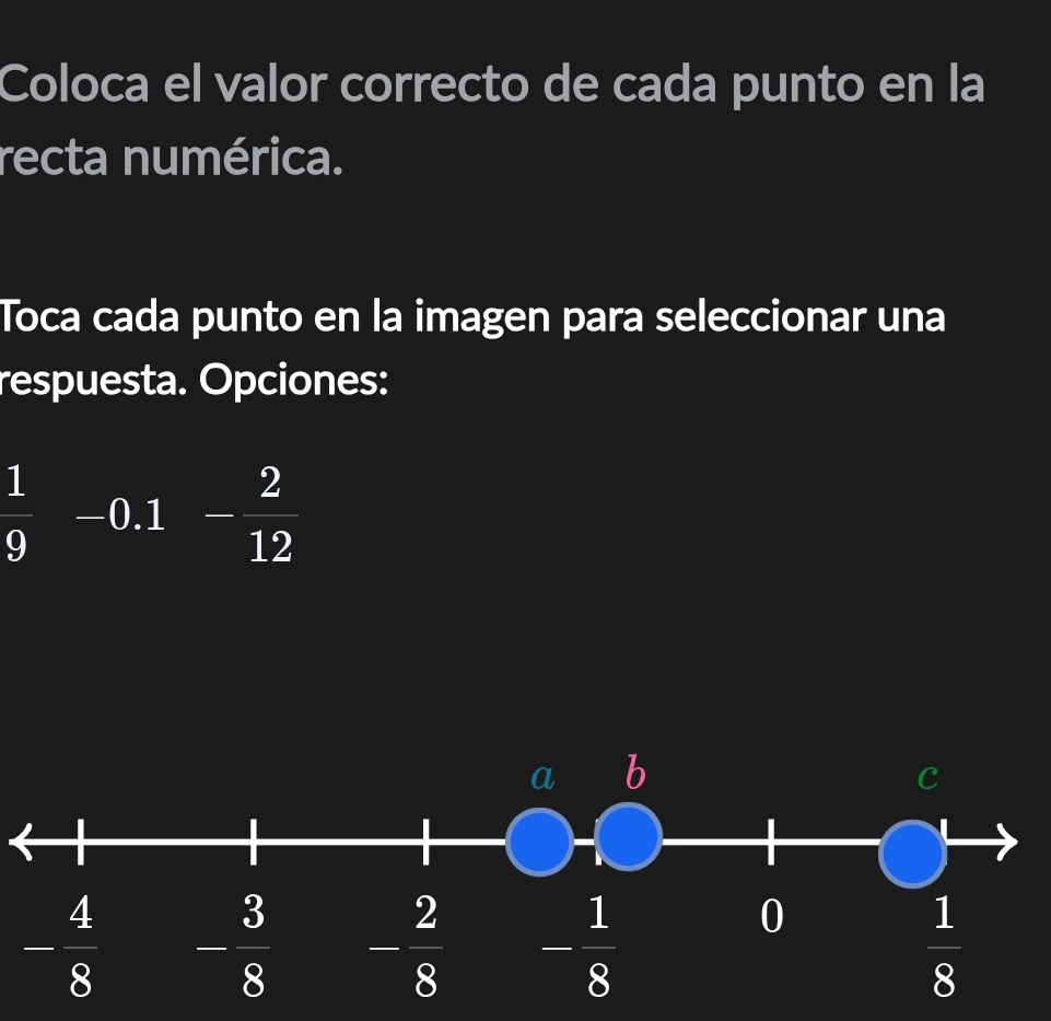 Coloca el valor correcto de cada punto en la
recta numérica.
Toca cada punto en la imagen para seleccionar una
respuesta. Opciones:
 1/9 -0.1 - 2/12 