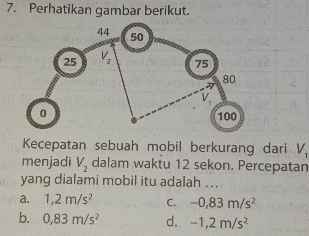 Perhatikan gambar berikut.
Kecepatan sebuah mobil berkurang dari V_1
menjadi V_2 dalam waktu 12 sekon. Percepatan
yang dialami mobil itu adalah ...
a. 1,2m/s^2
C. -0,83m/s^2
b. 0,83m/s^2
d. -1,2m/s^2