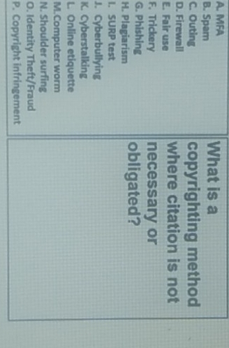 MFA What is a 
B. Spam 
C. Outing copyrighting method 
D. Firewall 
E. Fair use where citation is not 
F. Trickery necessary or 
G. Phishing obligated? 
H. Plagiarism 
I. SURP test 
J. Cyberbullying 
K. Cyberstalking 
L. Online etiquette 
M.Computer worm 
N. Shoulder surfing 
O. Identity Theft/Fraud 
P. Copyright infringement