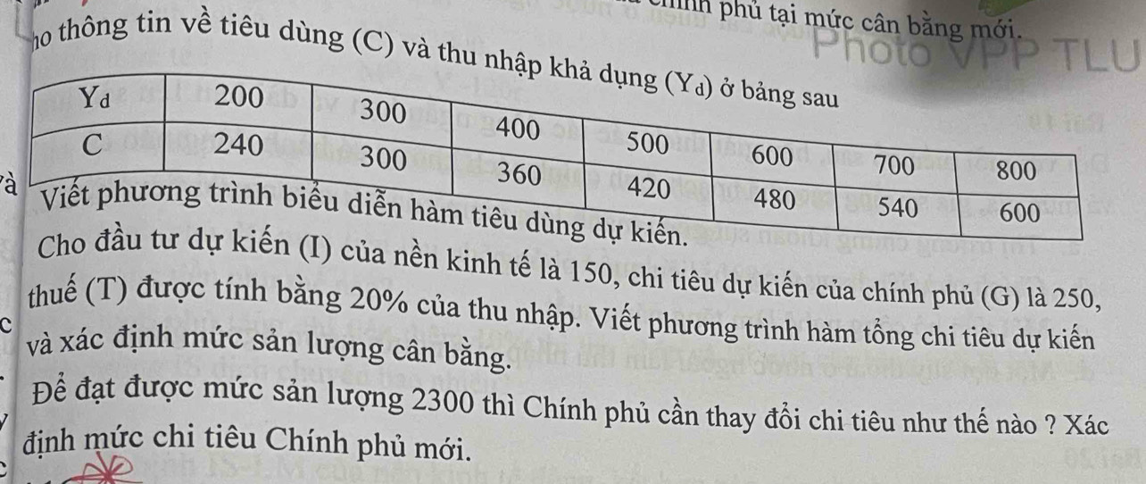 thnh phủ tại mức cân bằng mới. 
ho thông tin về tiêu dùng (C) và th 
à 
ủa nền kinh tế là 150, chi tiêu dự kiến của chính phủ (G) là 250, 
thuế (T) được tính bằng 20% của thu nhập. Viết phương trình hàm tổng chi tiêu dự kiến 
C 
và xác định mức sản lượng cân bằng. 
Để đạt được mức sản lượng 2300 thì Chính phủ cần thay đổi chi tiêu như thế nào ? Xác 
định mức chi tiêu Chính phủ mới.