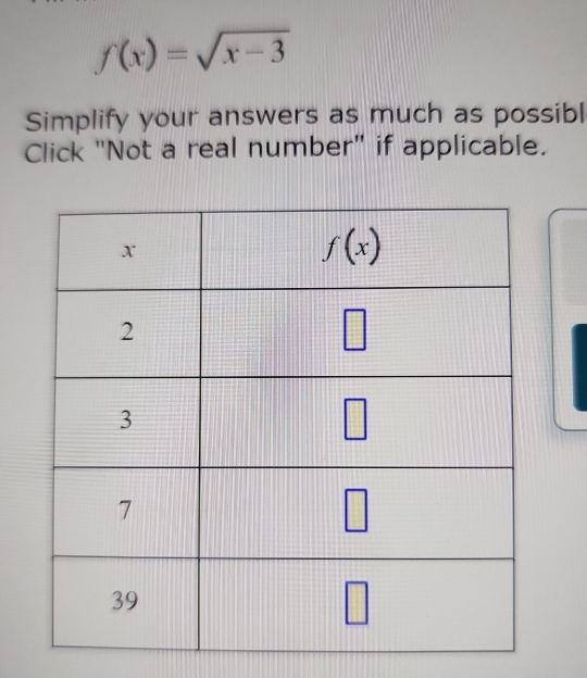 f(x)=sqrt(x-3)
Simplify your answers as much as possibl
Click "Not a real number" if applicable.