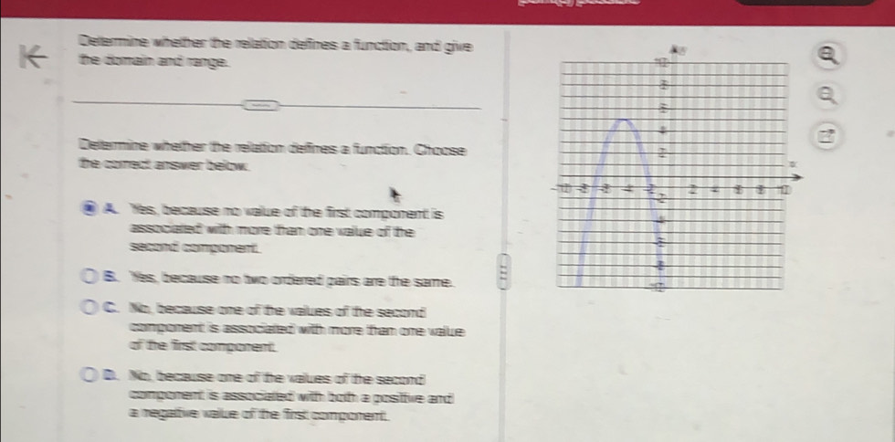 Determine whether the relation defines a function, and give
a the domain and range.
Deltermine whether the relation defires a function. Choose
the correct answer below.
A. Yes, because no value of the first component is
associated with more than one value of the
second component.
B. Yes, because no two ordered pairs are the same. :
C. No, because one of the values of the second
comporent is associated with more tham one value .
of the first comporent.
D. No, because one of the values of the second
comporent is associated with both a posittive and 
a regalive value of the first component.