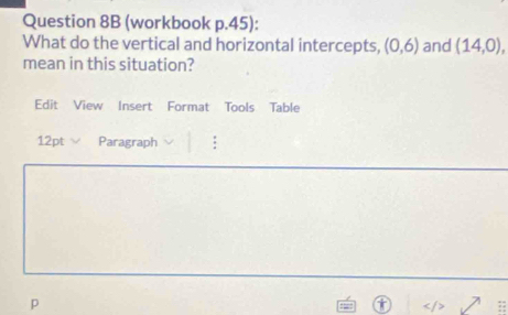 (workbook p.45): 
What do the vertical and horizontal intercepts, (0,6) and (14,0), 
mean in this situation? 
Edit View Insert Format Tools Table 
12pt Paragraph : 
p