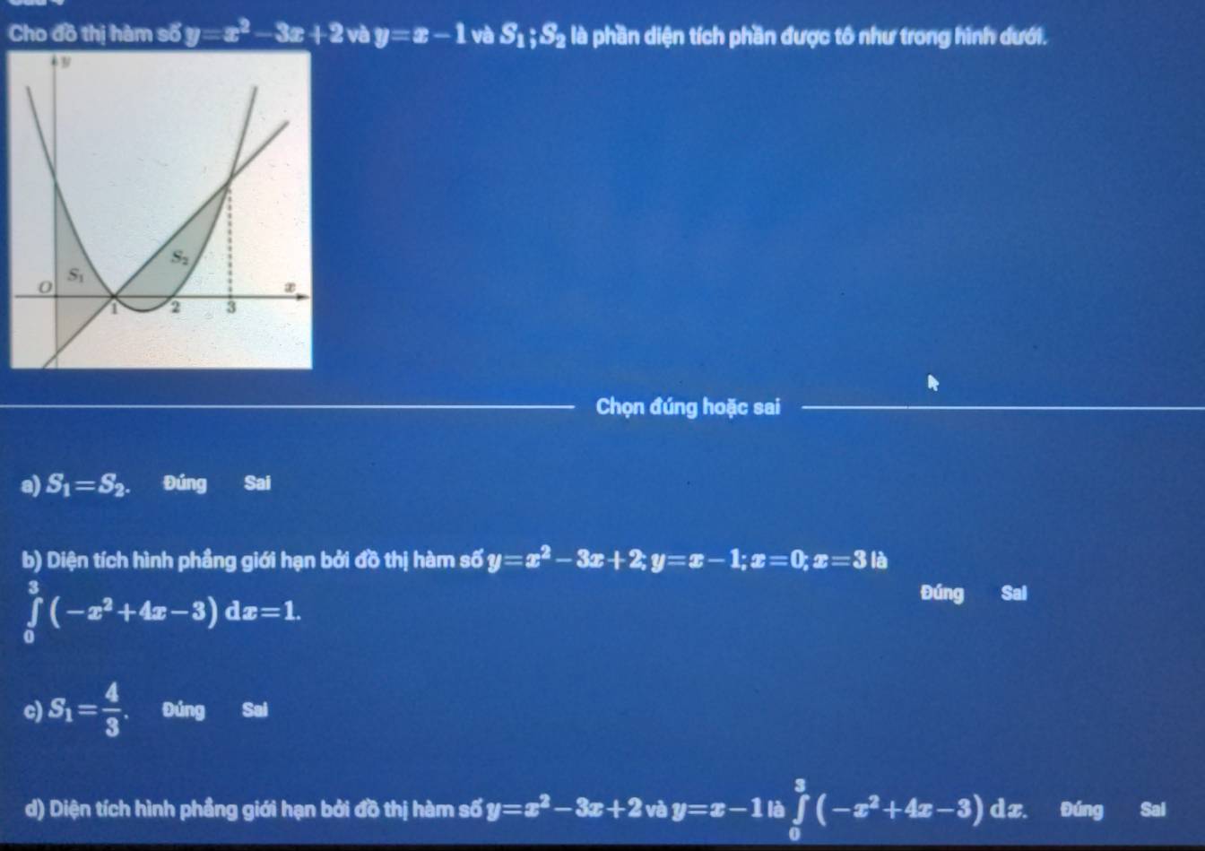 Cho đồ thị hàm số y=x^2-3x+2vby=x-1 và S_1;S_2 là phần diện tích phần được tô như trong hình dưới.
Chọn đúng hoặc sai
a) S_1=S_2. Đúng Sal
b) Diện tích hình phầng giới hạn bởi đồ thị hàm số y=x^2-3x+2;y=x-1;x=0;x=3ia
∈tlimits _0^(3(-x^2)+4x-3)dx=1.
Đúng Sal
c) S_1= 4/3 . Đúng Sai
d) Diện tích hình phầng giới hạn bởi đồ thị hàm số y=x^2-3x+2 và y=x-1 là ∈tlimits _0^(3(-x^2)+4x-3)dx. Đúng Sal