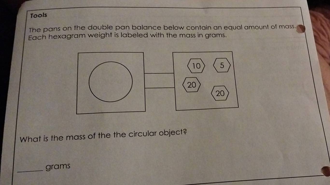 Tools 
The pans on the double pan balance below contain an equal amount of mass. 
Each hexagram weight is labeled with the mass in grams. 
What is the mass of the the circular object? 
_ grams