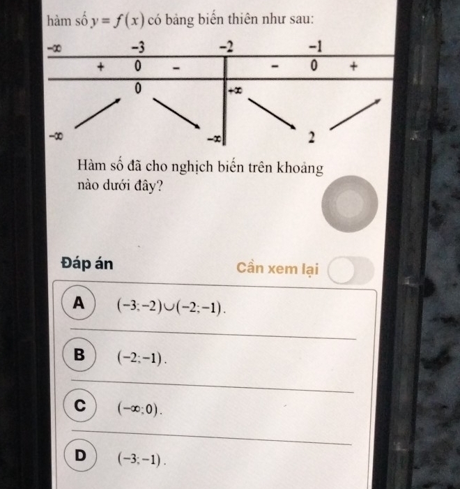 hàm số y=f(x) có bảng biển thiên như sau:
Hàm số đã cho nghịch biển trên khoảng
nào dưới đây?
Đáp án Cần xem lại
A (-3;-2)∪ (-2;-1).
B (-2;-1).
C (-∈fty ;0).
D (-3;-1).