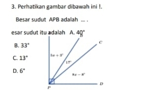 Perhatikan gambar dibawah ini !.
Besar sudut APB adalah ... .
esar sudut itu adalah 40°
B. 33°
C. 13°
D. 6°