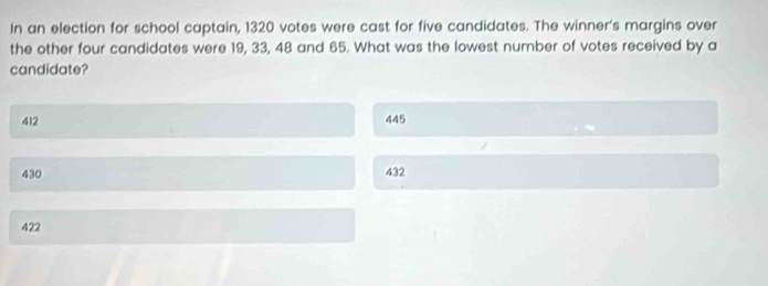 In an election for school captain, 1320 votes were cast for five candidates. The winner's margins over
the other four candidates were 19, 33, 48 and 65. What was the lowest number of votes received by a
candidate?
412 445
430 432
422