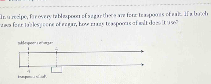 In a recipe, for every tablespoon of sugar there are four teaspoons of salt. If a batch 
uses four tablespoons of sugar, how many teaspoons of salt does it use? 
ar 
teaspoons of salt