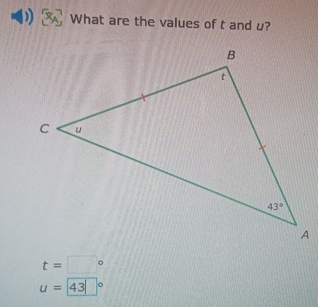 What are the values of t and u?
t=□°
u=43°