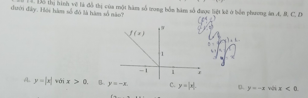 Đồ thị hình vẽ là đồ thị của một hàm số trong bốn hàm số được liệt kê ở bốn phương án A, B, C, D
đưới đây. Hỏi hàm số đó là hàm số nào?
A. y=|x| với x>0. B. y=-x. y=|x|. y=-x với x<0.
C.
D.