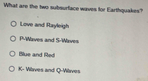 What are the two subsurface waves for Earthquakes?
Love and Rayleigh
P -Waves and S-Waves
Blue and Red
K- Waves and Q -Waves