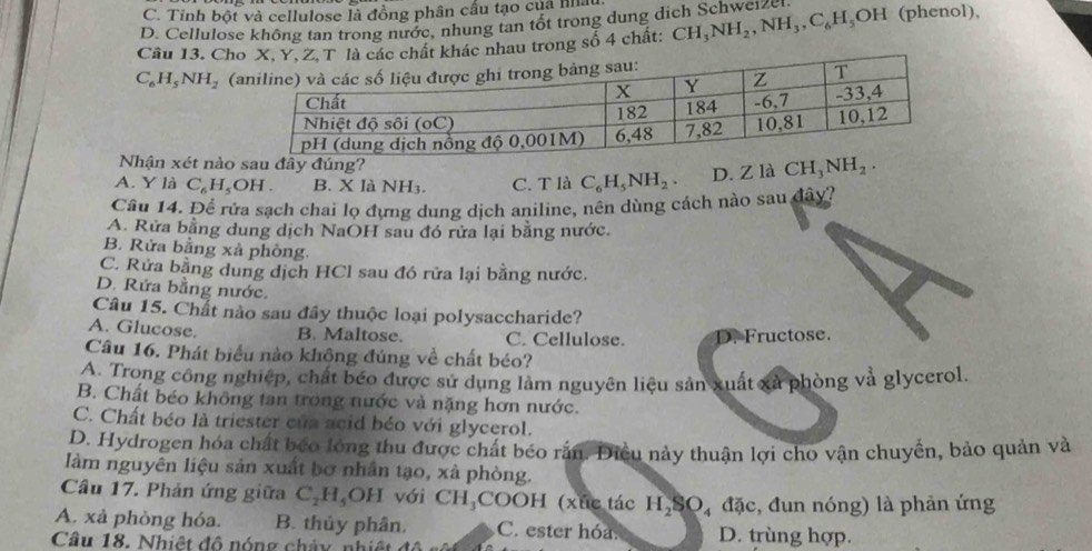 C. Tỉnh bột và cellulose là đồng phân cầu tạo của nhâu
D. Cellulose không tan trong nước, nhung tan tốt trong dung dịch Schweizer
Cầu 13. Ch nhau trong số 4 chất: CH_3NH_2,NH_3,C_6H_5OH (phenol),
C_6H_5NH_2 (
Nhận xét nàou đây đúng?
A. Y là C_6H_5OH B. X là NH_3 C. T là C_6H_5NH_2 D. Z là CH_3NH_2.
Câu 14. Để rửa sạch chai lọ đựng dung dịch aniline, nền dùng cách nào sau đây?
A. Rửa bằng dung dịch NaOH sau đó rửa lại bằng nước.
B. Rửa bằng xà phòng.
C. Rửa bằng dung dịch HCl sau đó rữa lại bằng nước.
D. Rứa bằng nước.
Câu 15. Chất nào sau đây thuộc loại polysaccharide?
A. Glucose. B. Maltose. C. Cellulose. D. Fructose.
Câu 16. Phát biểu nào không đúng về chất béo?
A. Trong công nghiệp, chất béo được sử dụng làm nguyên liệu sản xuất xã phòng và glycerol.
B. Chất béo không tan trong nước và nặng hơn nước.
C. Chất béo là triester của acid béo với glycerol.
D. Hydrogen hóa chất beo lóng thu được chất béo rắn. Diều này thuận lợi cho vận chuyển, bảo quản và
làm nguyên liệu sản xuất bơ nhân tạo, xà phòng.
Câu 17. Phản ứng giữa C _2H_4 OH với CH₃COOH (xúc tác H_2SO_4 đặc, đun nóng) là phản ứng
A. xà phòng hóa. B. thủy phân, C. ester hóa. D. trùng hợp.
Câu 18. Nhiệt đô nóng chảy, nhiệt