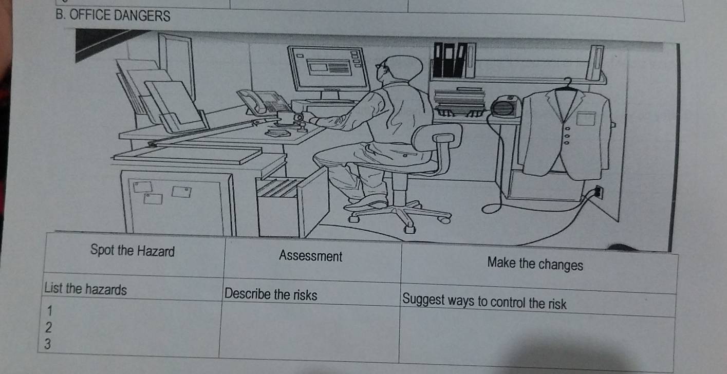 OFFICE DANGERS 
Assessment 
Make the changes 
List the hazards Describe the risks Suggest ways to control the risk 
1 
2 
3