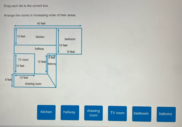 Drag each tile to the correct box.
Arrange the rooms in increasing order of their areas.
kitchen hallway drawing TV room bedroom balcony
room