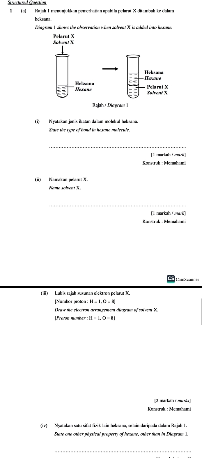 Structured Question 
1 (a) Rajah 1 menunjukkan pemerhatian apabila pelarut X ditambah ke dalam 
heksana. 
Diagram 1 shows the observation when solvent X is added into hexane. 
(i) Nyatakan jenis ikatan dalam molekul heksana. 
State the type of bond in hexane molecule. 
_ 
[1 markah / mark] 
Konstruk : Memahami 
(ii) Namakan pelarut X. 
Name solvent X. 
_ 
[1 markah / mark] 
Konstruk : Memahami 
as CamScanner 
(iii) Lukis rajah susunan elektron pelarut X. 
[Nombor proton : H=1, O=8]
Draw the electron arrangement diagram of solvent X. 
[Proton number : :H=1, O=8]
[2 markah / marks] 
Konstruk : Memahami 
(iv) Nyatakan satu sifat fizik lain heksana, selain daripada dalam Rajah 1. 
State one other physical property of hexane, other than in Diagram 1. 
_