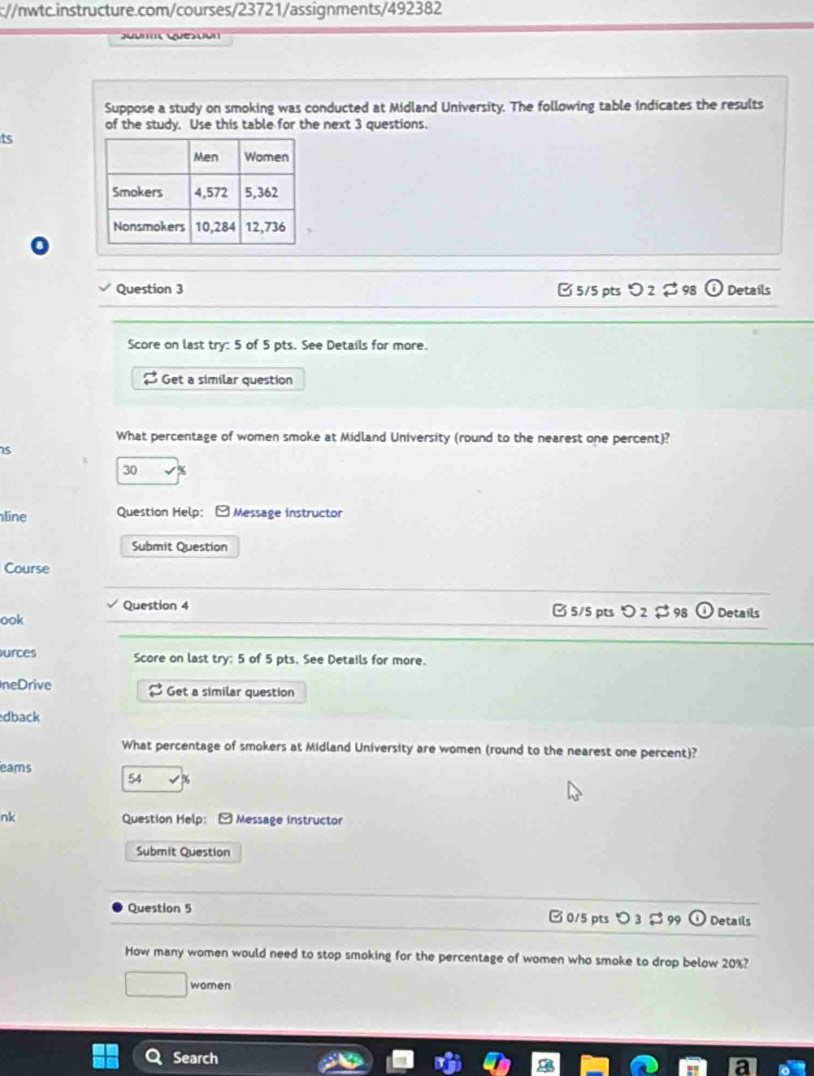 Suppose a study on smoking was conducted at Midland University. The following table indicates the results
of the study. Use this table for the next 3 questions.
ts
Question 3 5/5 pts > 2 $98 Details
Score on last try: 5 of 5 pts. See Details for more.
Get a similar question
What percentage of women smoke at Midland University (round to the nearest one percent)?
is
30
line Question Help: Message instructor
Submit Question
Course
Question 4
ook [ 5/5 pts >2 $ 98 o Details
urces Score on last try: 5 of 5 pts. See Details for more.
neDrive Get a similar question
dback
What percentage of smokers at Midland University are women (round to the nearest one percent)?
eams
54
nk Question Help: [ Message instructor
Submit Question
Question 5 0/5 pts つ 3 399 Details
How many women would need to stop smoking for the percentage of women who smoke to drop below 20%?
wom
Search