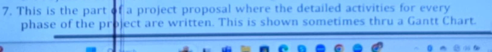 This is the part of a project proposal where the detailed activities for every 
phase of the project are written. This is shown sometimes thru a Gantt Chart.