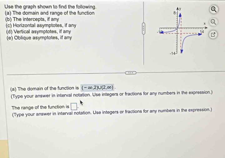 Use the graph shown to find the following. 
(a) The domain and range of the function 
(b) The intercepts, if any 
(c) Horizontal asymptotes, if any 
a 
(d) Vertical asymptotes, if any 
(e) Oblique asymptotes, if any 
(a) The domain of the function is (-∈fty ,2)∪ (2,∈fty ). 
(Type your answer in interval notation. Use integers or fractions for any numbers in the expression.) 
The range of the function is □. 
(Type your answer in interval notation. Use integers or fractions for any numbers in the expression.)