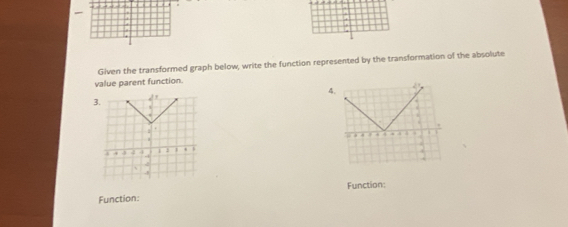 Given the transformed graph below, write the function represented by the transformation of the absolute 
value parent function. 
4 
3. 
Function: Function: