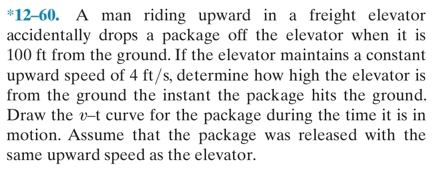 12-60. A man riding upward in a freight elevator 
accidentally drops a package off the elevator when it is
100 ft from the ground. If the elevator maintains a constant 
upward speed of 4 ft/s, determine how high the elevator is 
from the ground the instant the package hits the ground. 
Draw the v-t curve for the package during the time it is in 
motion. Assume that the package was released with the 
same upward speed as the elevator.