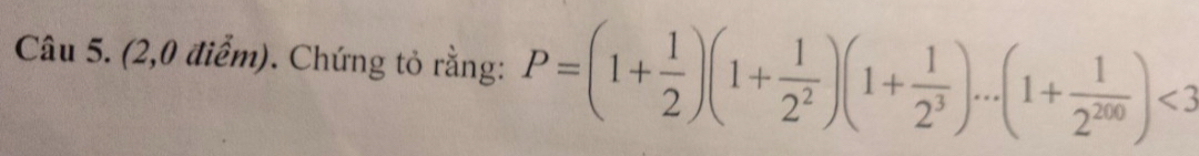 (2,0 điểm). Chứng tỏ rằng: P=(1+ 1/2 )(1+ 1/2^2 )(1+ 1/2^3 )...(1+ 1/2^(200) )<3</tex>