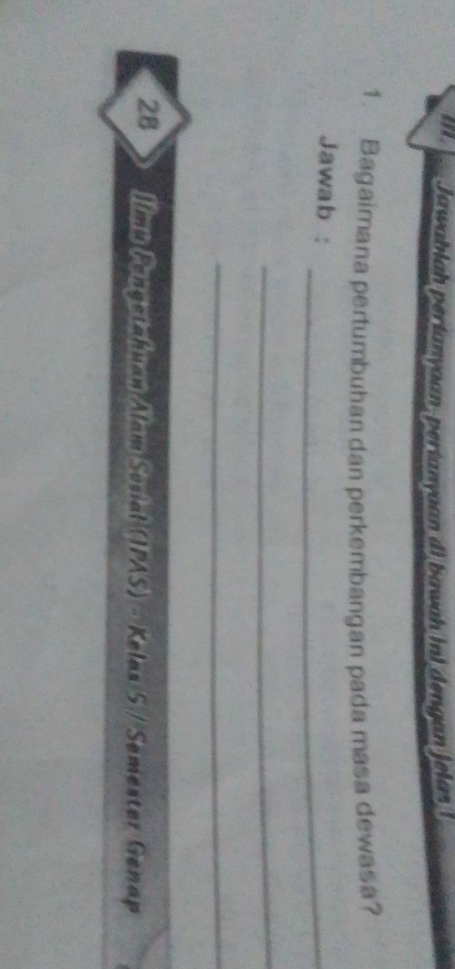 Jawablah perianyaan, perianyoan di bawah ini dengan jelas ! 
1. Bagaimana pertumbuhan dan perkembangan pada masa dewasa? 
Jawab :_ 
_ 
_ 
28 Ilmm Fangetahuan Alam Soslat (IPAS) - Kalas 5 / Samester Genap