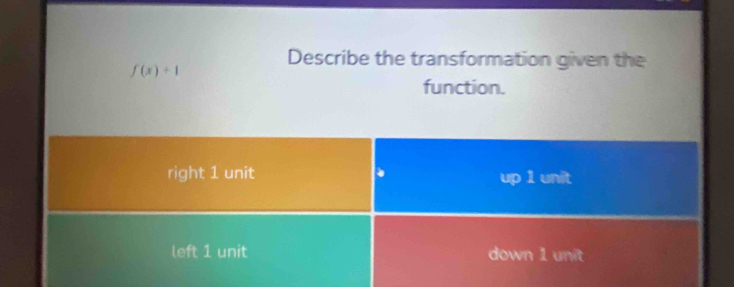 Describe the transformation given the
f(x)+1
function.
right 1 unit up 1 unit
left 1 unit down 1 unit