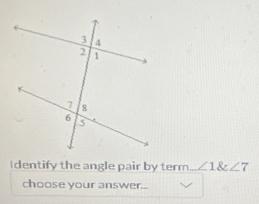 Identify the angle pair by term ∠ 1 angle7
choose your answer...